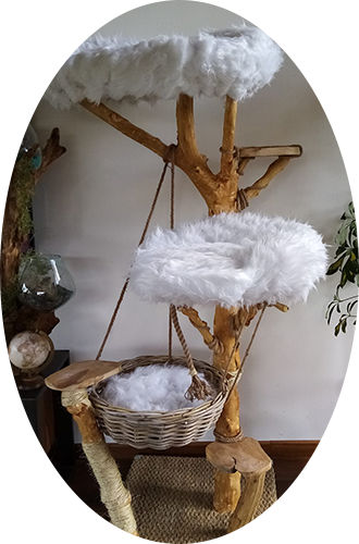 modèle d'arbre à chat de grande envergure en bois avec coussins en fourrure